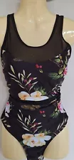 Pretty Ladies Black Floral Mesh Lace Up Back Swimming Costume Size L 14 12