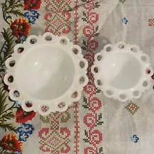 2 Anchor Hocking White Milk Glass Scalloped Open Lace Pedestal Bowls