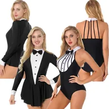 Womens Striped Tuxedo Waitress Role Play Costume Ruffle Dress Bodysuit Dancewear