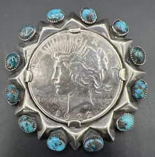 Native American 1922 Peace Dollar Sterling Silver Turquoise Brooch Pendant NJN