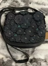 COACH Tea Rose Saddle Bag Navy Floral Flower Glovetanned Leather Used