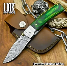 LMK 7.8 in Custom Rain Drop Damascus Folding Knife Hard Wood Hunting