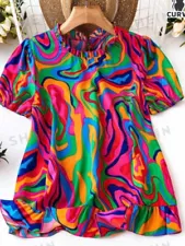 SHEIN CURVE Plus Multi Coloured Ruffle Collar Top, New With Tag Size 4XL 22-24