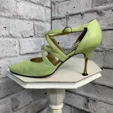 Escada Shoes Womens 7B Green Gold Leather Vtg Pointy Toe Strappy Rosette Heels