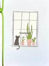 New! Papyrus Iridescent Watercolor Cat On Window Sill Plant Ribbon Blank Card