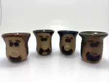 Set of 4 Vintage Clay Pottery Face Shot Glass 1970's Peter Petrie? Unsigned