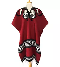 Vintage Red Black White Woven Mexican Serape Blanket South Western Fringe Poncho