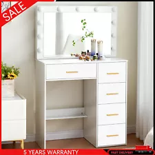 Bedroom White Dressing Table with 80CM Hollywood Mirror 10 LED Bulbs & 5 Drawers