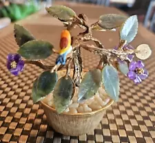 Chinese Jade Glass Bonsai Tree 4" Asian Purple Flowers Goldtone Metal Pot-Vtg