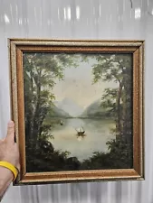 Antique Oil Painting On Canvas Hudson River School Mountain lake Boats Framed