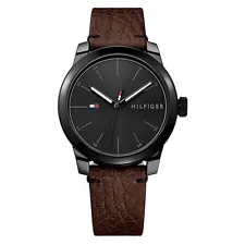 Tommy Hilfiger Mens Watch Black Dial Brown Leather Band NIB 1791383