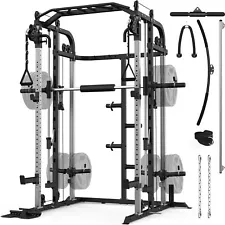 Smith Machine, Multifunctional Power Cage Rack with Smith Bar and Cable Pulley