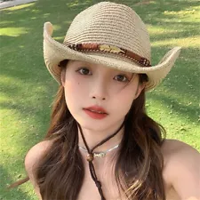 Women Men Western Straw Woven Cowboy Cowgirl Jazz Hat Wide Brim Summer Sun Hat