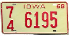 *99 CENT SALE* 1968 Iowa License Plate Palo Alto County #6195 No Reserve