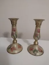 Vintage Solid Brass Enamel Cloisonne Indian Floral Handpainted Candle Sticks