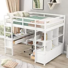 BOVZA Full Size Loft Bed with Built-in Desk, 2 Drawers and Storage Shelves, W...