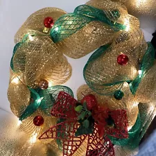 Handmade Lighted Christmas Deco Mesh Wreath Red, Green And Gold!!