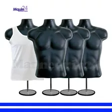 4 MALE TORSO DRESS MANNEQUINS in BLACK w/ 4 STANDS + 4 HANGERS - MEN DRESS FORMS