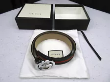 Authentic Gucci Green Red stripe web belt with G buckle black leather Size 36 90