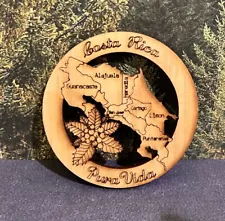 Costa Rica Wood Ornament Coaster Round Laser Cut Pura Vida Island Map 1980's