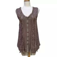 Pretty Angel Shirt Sz S Sleeveless Brown Lace Linen NWT Boho Regency Victorian