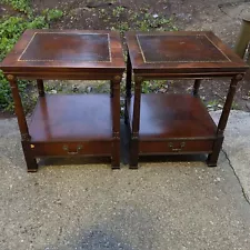 NEW REDUCED PRICE BUY NOW! Pair Of Vintage Wood End Tables With Leather Inserts