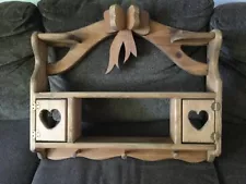 Vintage Solid Pine Wood Wall 2 Shelf 3 Hooks Bow Tie Heart Doors Country Rustic