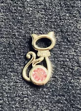 Charming Gold Plated Sterling Cat Figural Pendant with pink Crystal is for Sale!