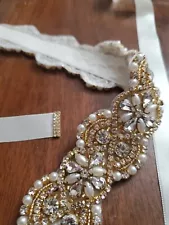 Beaded bridal belt ivory with shimmery gold and pearl beads