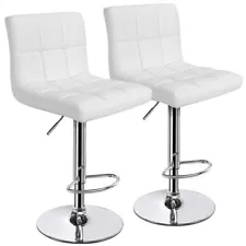 2pcs Bar stools Leather Adjustable 360 Swivel Chair with Backrest White