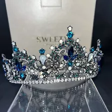 Quinceanera Sweet 16 Tiara Blue Birthday Wedding Crown Rhinestones Pageant Prom