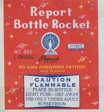 Vintage Peacock Report Bottle Rocket Firecracker Pack Label