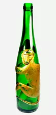 Green Glass Wine Bottle Vtg D & H John Dennis Selection 3D Painted Monkey Empty