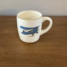 Vintage Waco UPF-7 Blue Airplane Ceramic Coffee Mug Cup Gold Rim 12 oz USA Rare