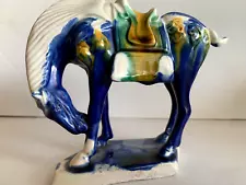 Vintage Tang Dynasty Style War Horse figurine Art Pottery Drip Glaze - blue