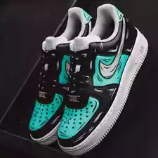 Nike Air Force 1 Custom 'Black Teal Graffiti Cartoon' White Shoes Mens Womens