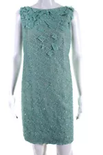 Tony Ward Womens Back Zip Sequin Mesh Overlay Scoop Neck Shift Dress Teal Size 6