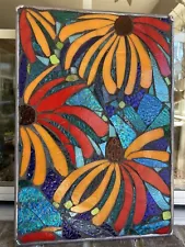 Stained Glass Lily Daisy Flowers Mosaic Window Panel Transom OOAK