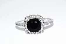 $1,600 14K GOLD 1.68CT NATURAL CUSHION CUT BLACK ONYX & DIAMOND COCKTAIL RING