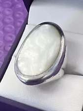 ❤️ STERLING SILVER LONG WHITE MOTHER OF PEARL Ladies RING Sz 6