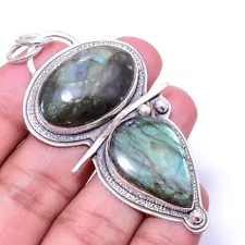 Natural Labradorite - Madagascar Gemstone 925 Sterling Silver Pendant 2.73" P16