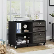 Wood File Cabinet 3 Drawer Mobile Lateral Filing Cabinet with 2 Open Shelves