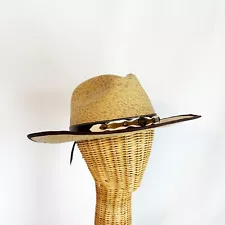 Vintage Natural Cowboy Hat Mexican Palm Straw Wide Brim MexART Rancher Western