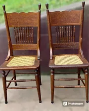 2 Antique Quartersawn Tiger Oak Carved/Pressed Back Spindles Cain Seated Chairs