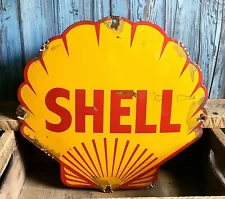 LARGE Vintage SHELL Die Cut Clam Logo Porcelain Metal Oil Gas Pump Plate Sign