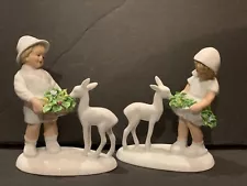 Adorable Pair Dresden Germany Gold Crown Mark Porcelain Boy Girl Figurines Deer