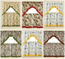 3 PC Kitchen Curtain Swag Set, Fruit Floral Rooster Printed Design Window Panels
