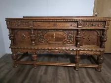 Antique Jacobean English Revival Carved Oak Buffet Sideboard Credenza Ship Avai