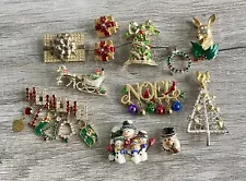 Vintage Christmas Brooch Pin Lot Of 12 Rhinestones Snowman Deer Tree Wreath