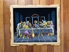 Vintage The Last Supper Painting On Black Velvet Signed Sanchez 16” x 20” Modern